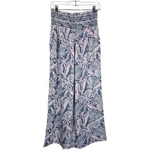 DAHUI Hawaii Smocked Waist Wide Leg Linen Hawaiian Print Pants Blue Pink L